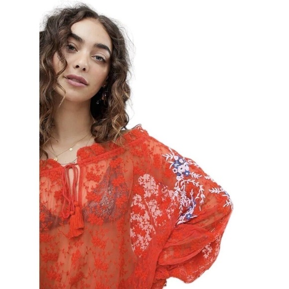 Free People Jubilee Red Embroidered Floral Mesh Oversized Top Womens Size XS - Picture 9 of 16